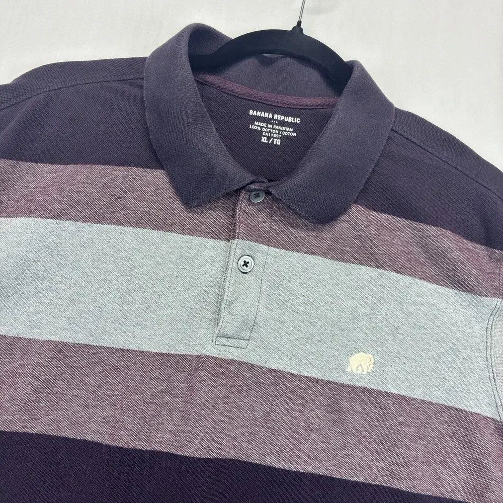 Banana Republic Polo Shirt Men’s XL Purple Gray Striped 100% Cotton Short Sleeve